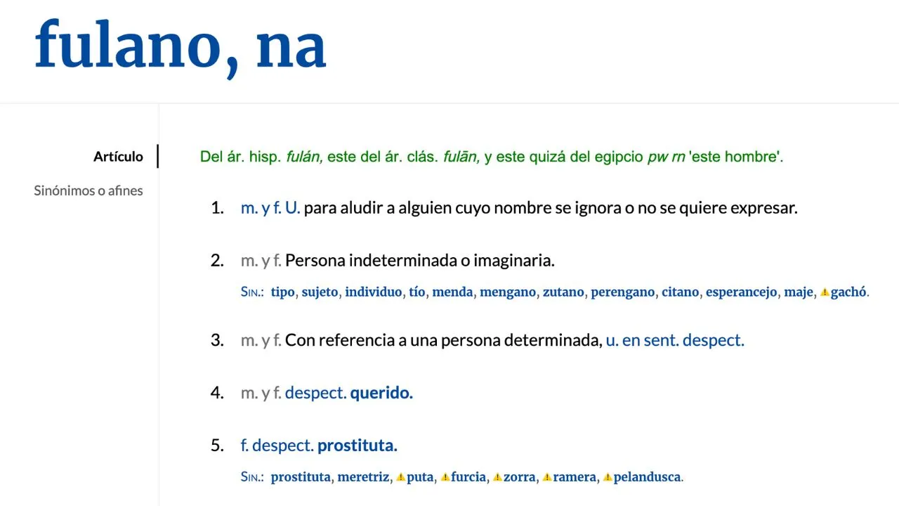 Definición de la palabra fulano en el diccionario de la RAE